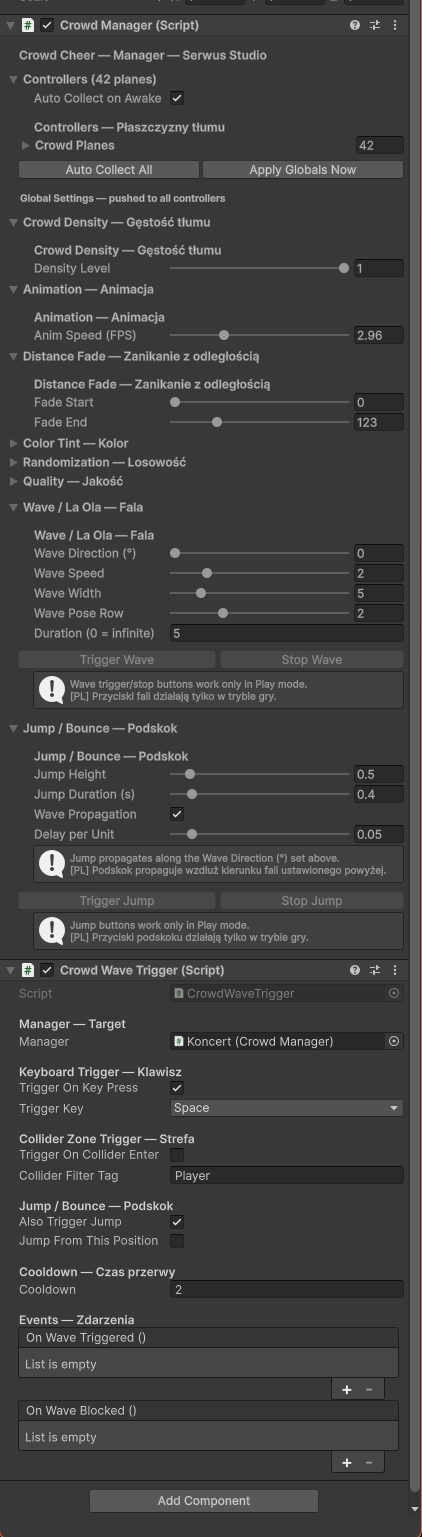 Crowd Manager inspector in Unity - one component driving 42 crowd planes, with density, animation speed, distance fade, La Ola wave and jump propagation controls, plus a separate Crowd Wave Trigger component