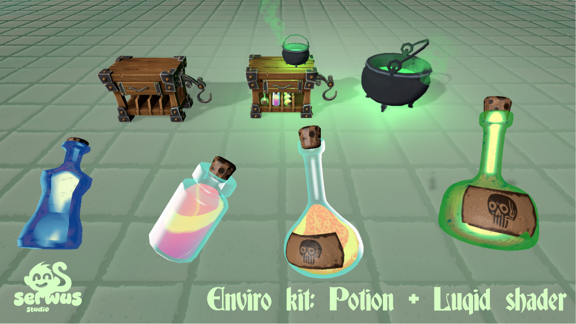 Four bottles with different potions and the pack's furniture on a neutral grid