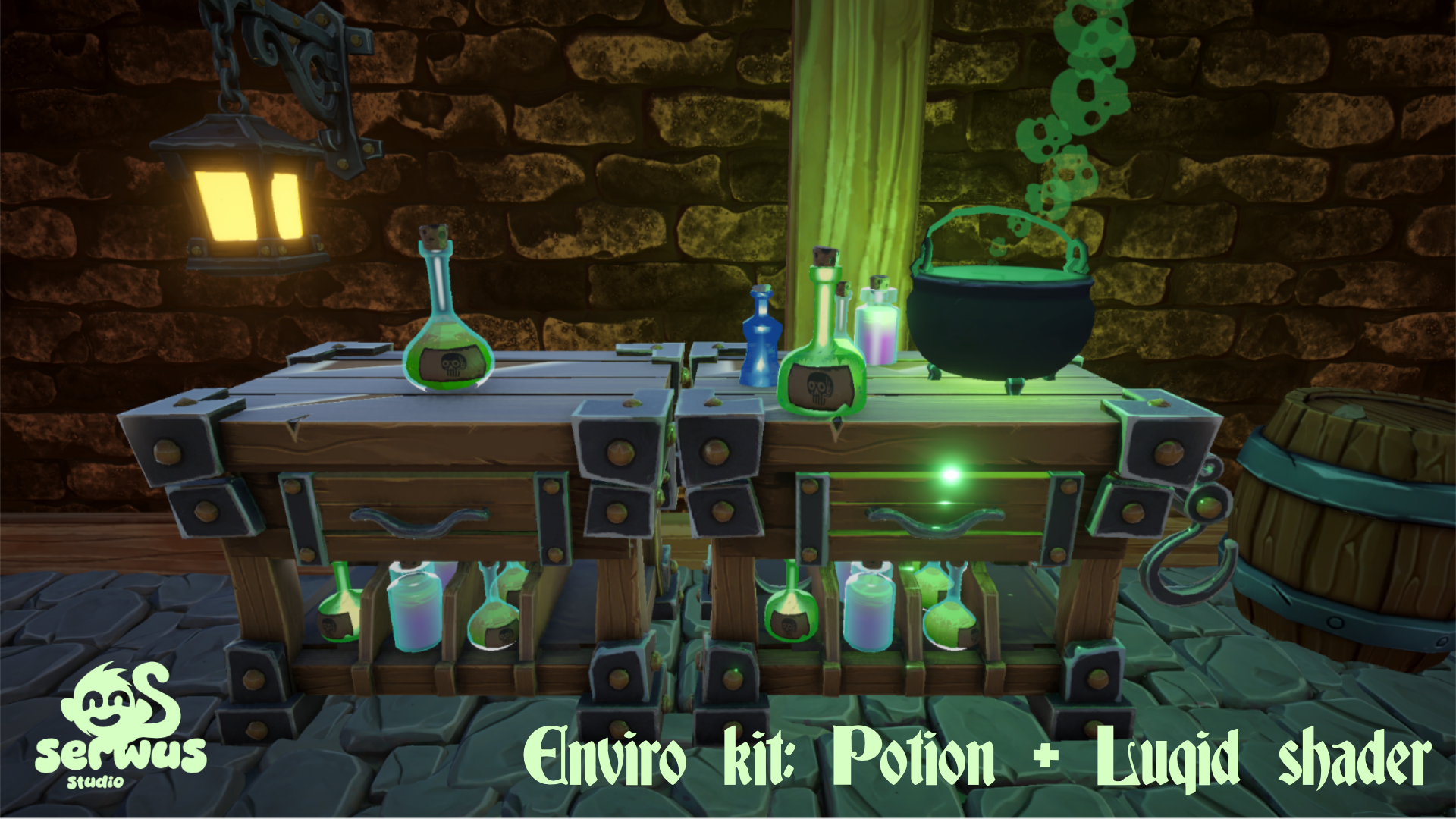 Alchemist's Corner - alchemy tables with glowing potions and a bubbling cauldron