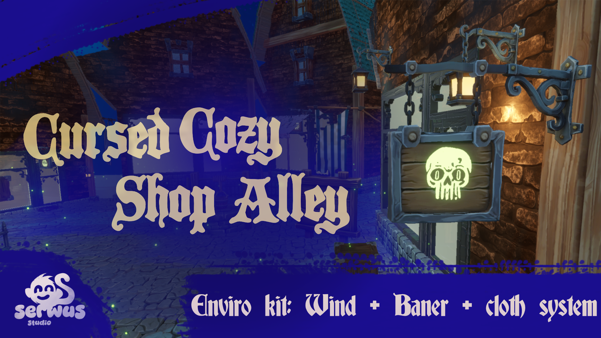 Shop Alley - pack banner with a hanging skull sign and lanterns
