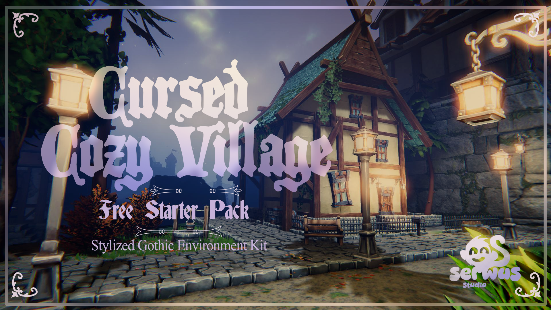 Cursed Cozy Village - hand-painted cozy gothic street with banners and shop signs