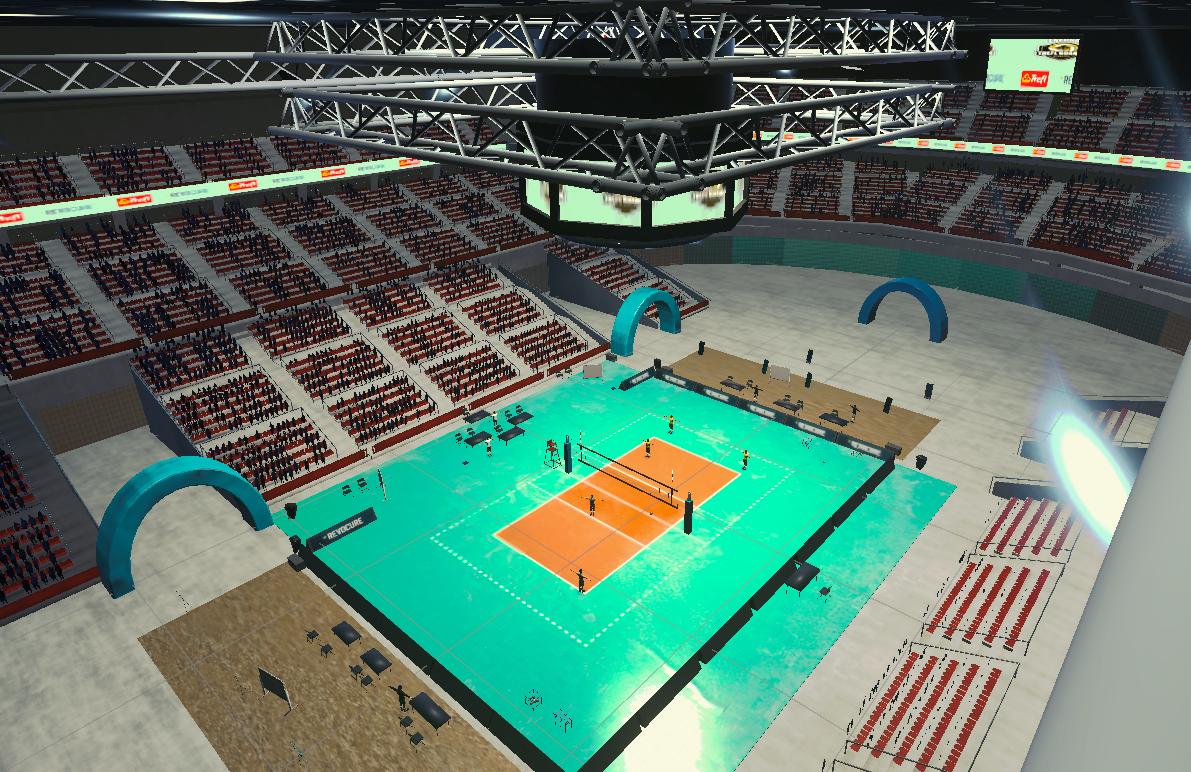 Ergo Arena VR - aerial view showing full arena with crowd, scoreboard and lighting rig