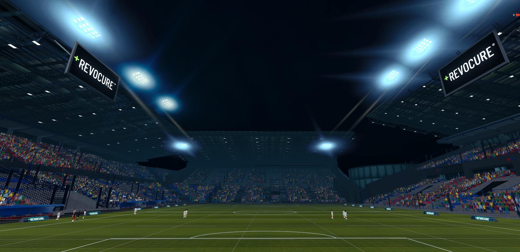 Wisla Krakow VR stadium - panoramic view from center pitch with Revocure branding and fake flares