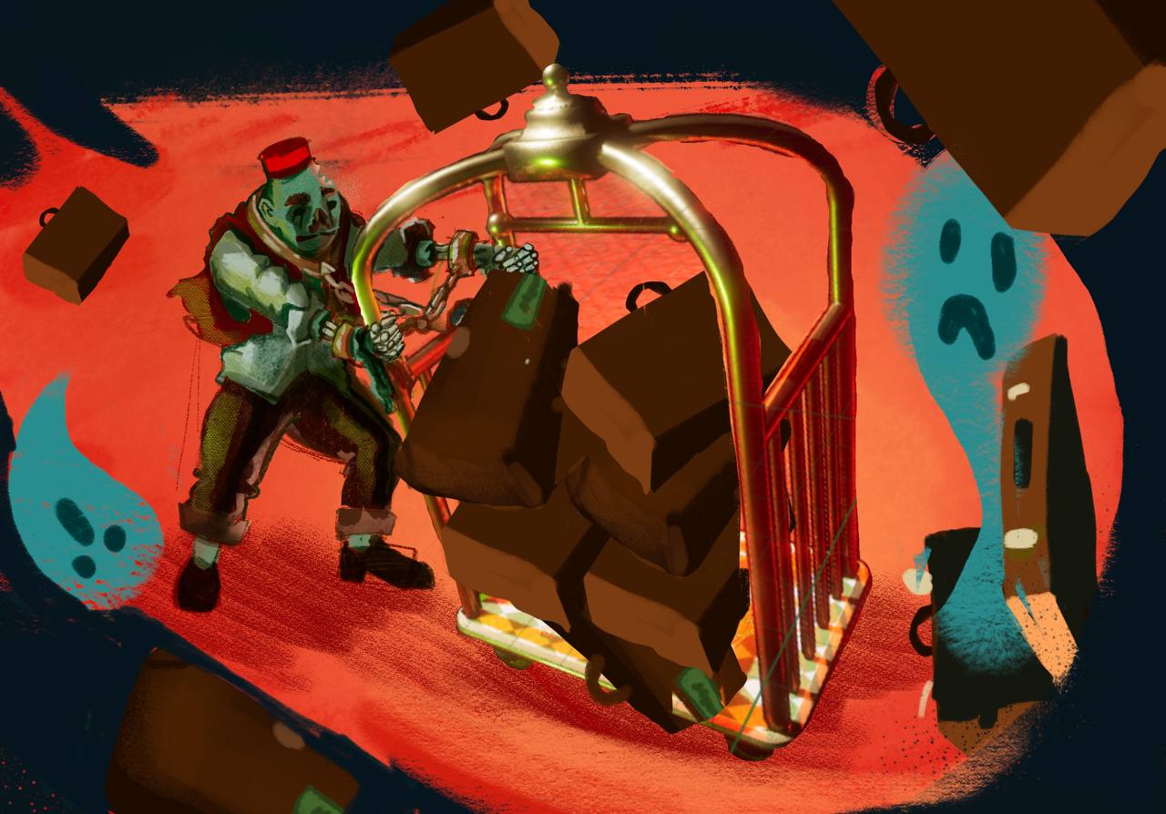 Shovel Out - key art illustration with bellhop character, luggage cart and ghosts