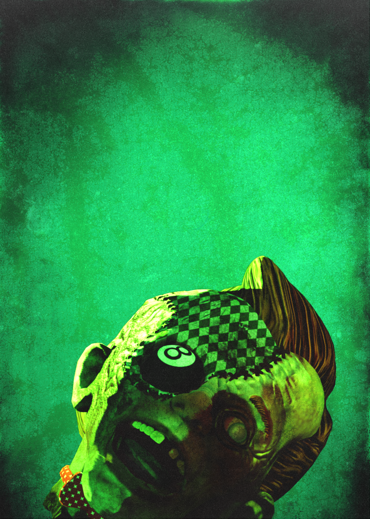 Shovel Out - character concept art, undead zombie with 8-ball eye and checkered headband in toxic green lighting