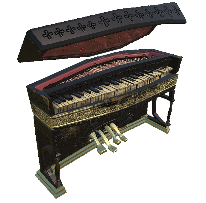 Vintage upright piano with ornate lid detailing and worn brass pedals