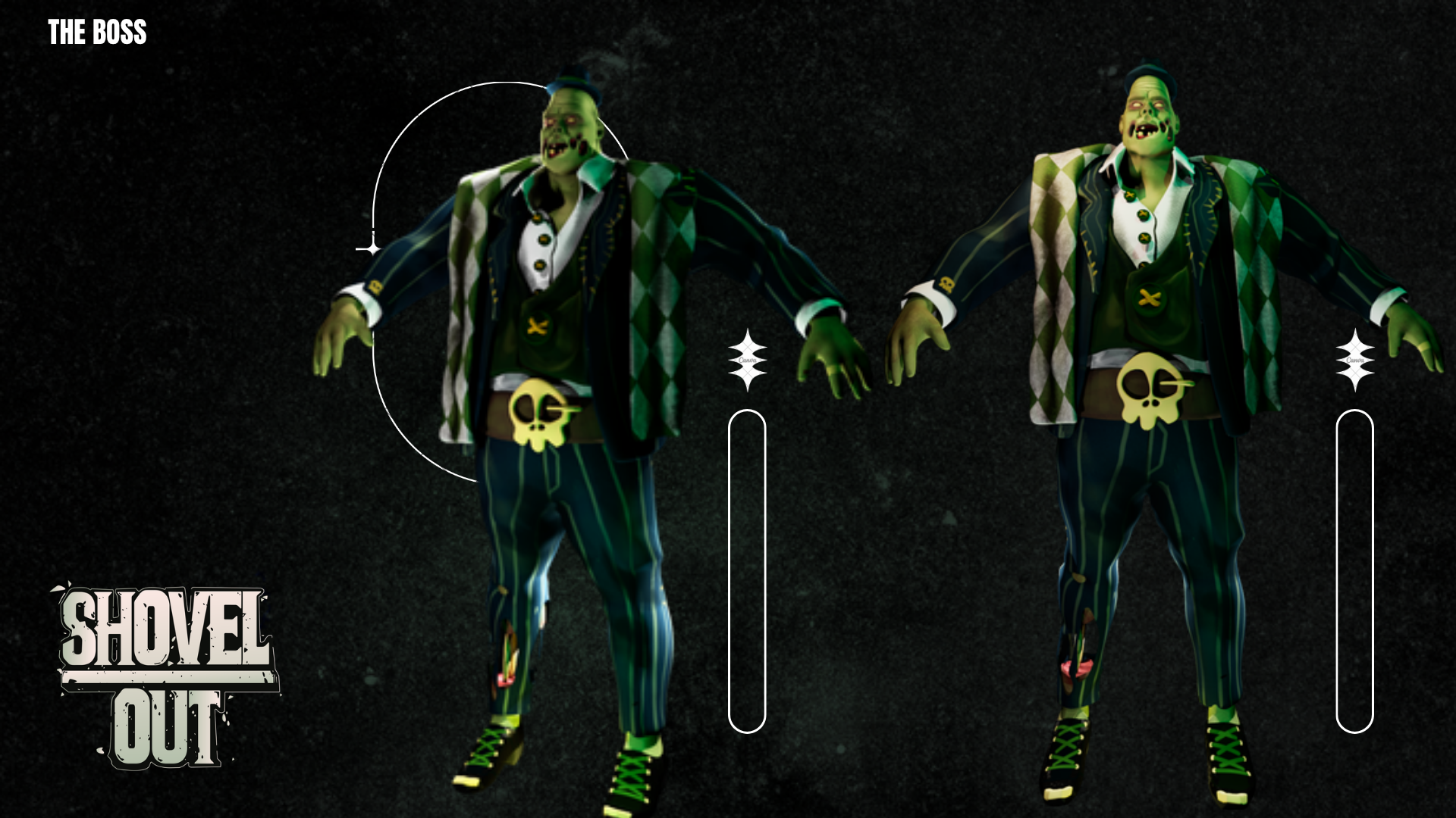 Shovel Out - The Boss character turnaround, green zombie in a suit