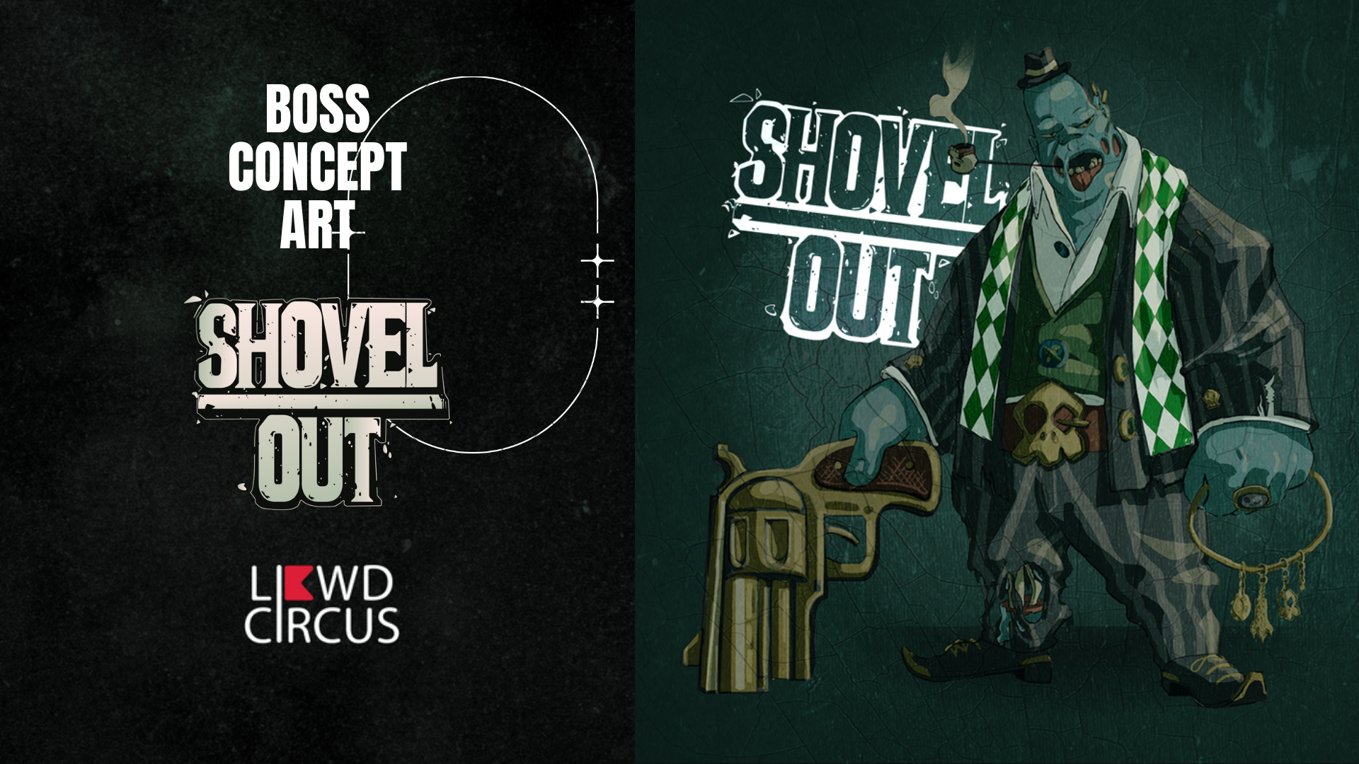 The Boss - concept art and final illustration with revolver and Shovel Out branding