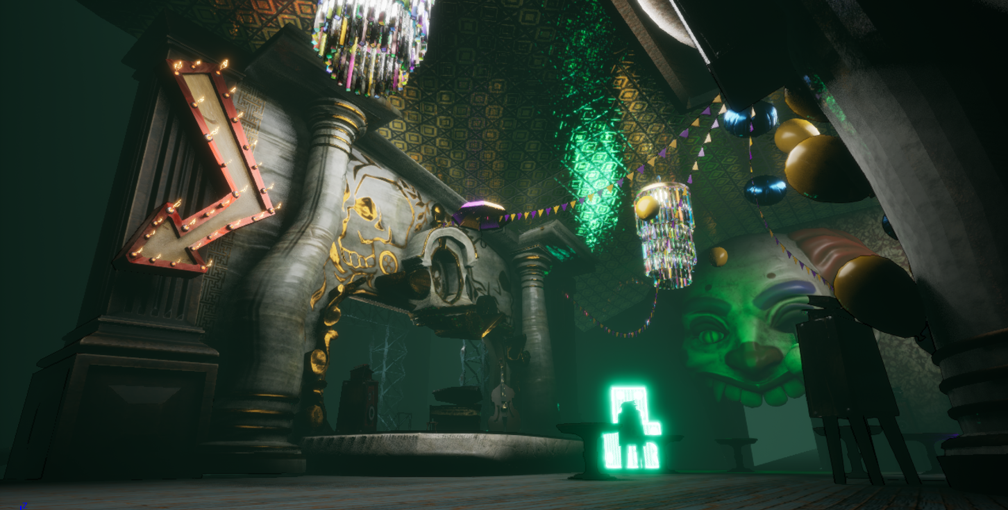 The Stage - detailed view with neon arrow sign, ornate columns and green atmospheric lighting
