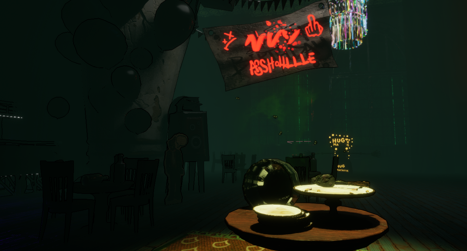 The Stage - back area with neon Voz Poshville sign, DJ table and moody spotlight arrangement